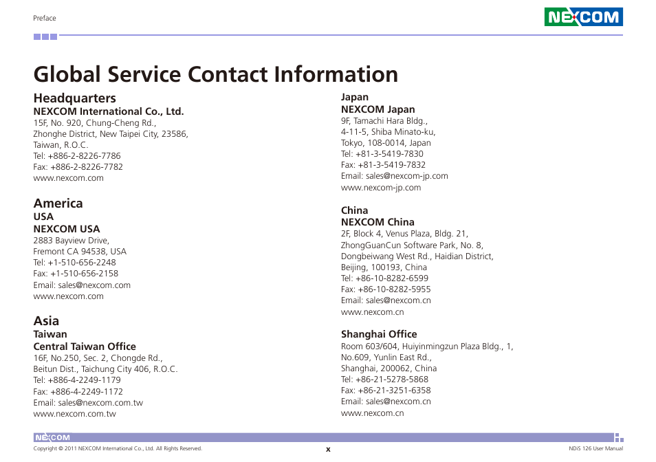 Global service contact information, Headquarters, America | Asia | NEXCOM NDiS 126 User Manual | Page 10 / 77