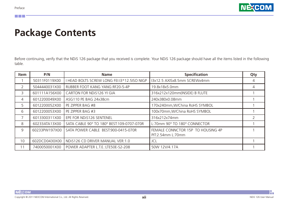 Package contents | NEXCOM NDiS 126 User Manual | Page 12 / 77