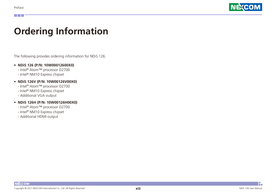 Ordering information | NEXCOM NDiS 126 User Manual | Page 13 / 77