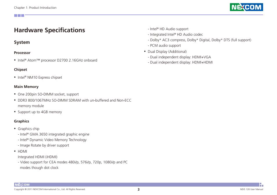 Hardware specifications | NEXCOM NDiS 126 User Manual | Page 16 / 77