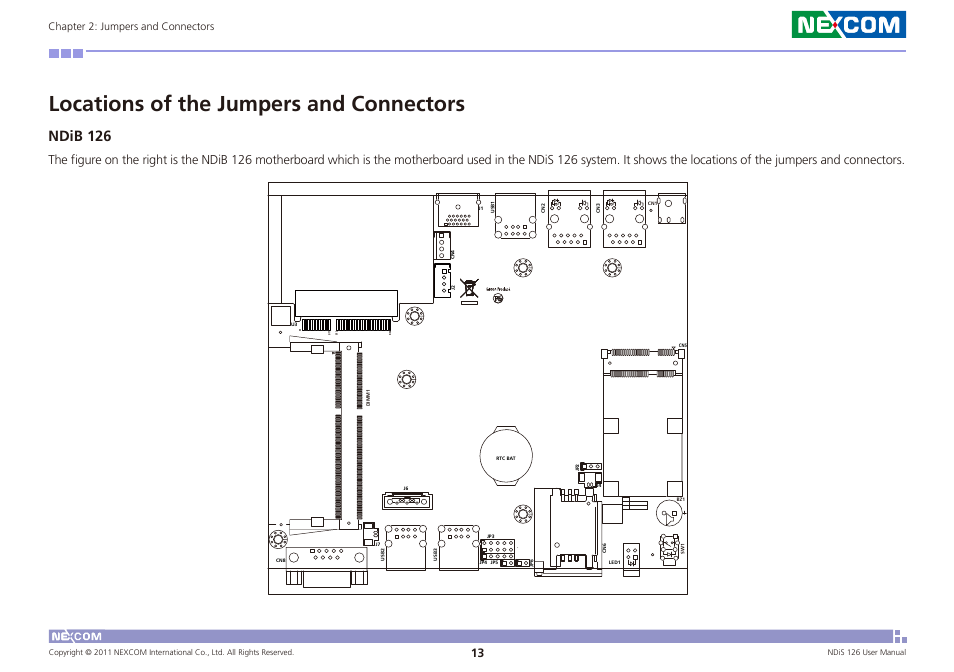 Locations of the jumpers and connectors, Ndib 126, Chapter 2: jumpers and connectors | Ndis 126 user manual | NEXCOM NDiS 126 User Manual | Page 26 / 77