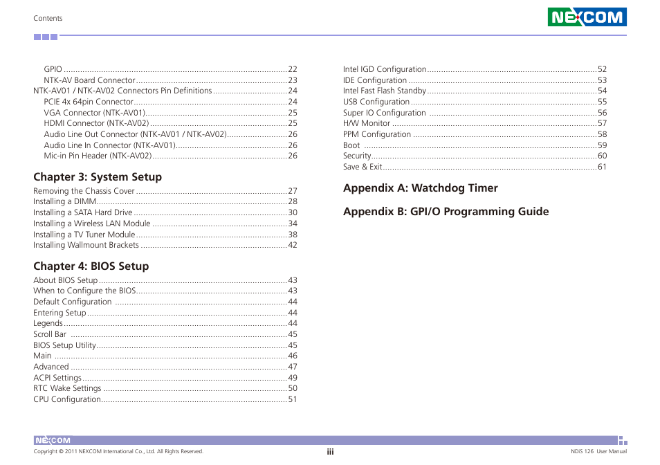 Chapter 3: system setup, Chapter 4: bios setup | NEXCOM NDiS 126 User Manual | Page 3 / 77