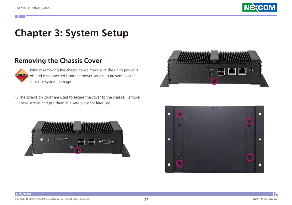 Chapter 3: system setup, Removing the chassis cover | NEXCOM NDiS 126 User Manual | Page 40 / 77