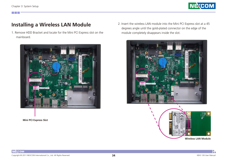 Installing a wireless lan module | NEXCOM NDiS 126 User Manual | Page 47 / 77