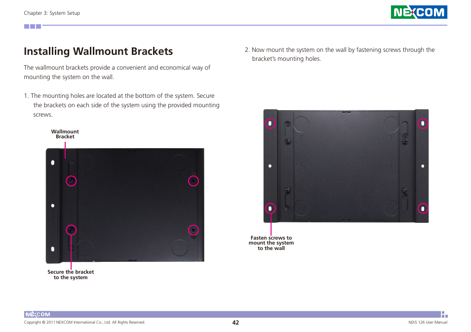 Installing wallmount brackets | NEXCOM NDiS 126 User Manual | Page 55 / 77