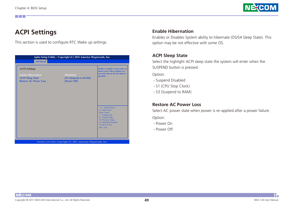 Acpi settings, Enable hibernation, Acpi sleep state | Restore ac power loss | NEXCOM NDiS 126 User Manual | Page 62 / 77