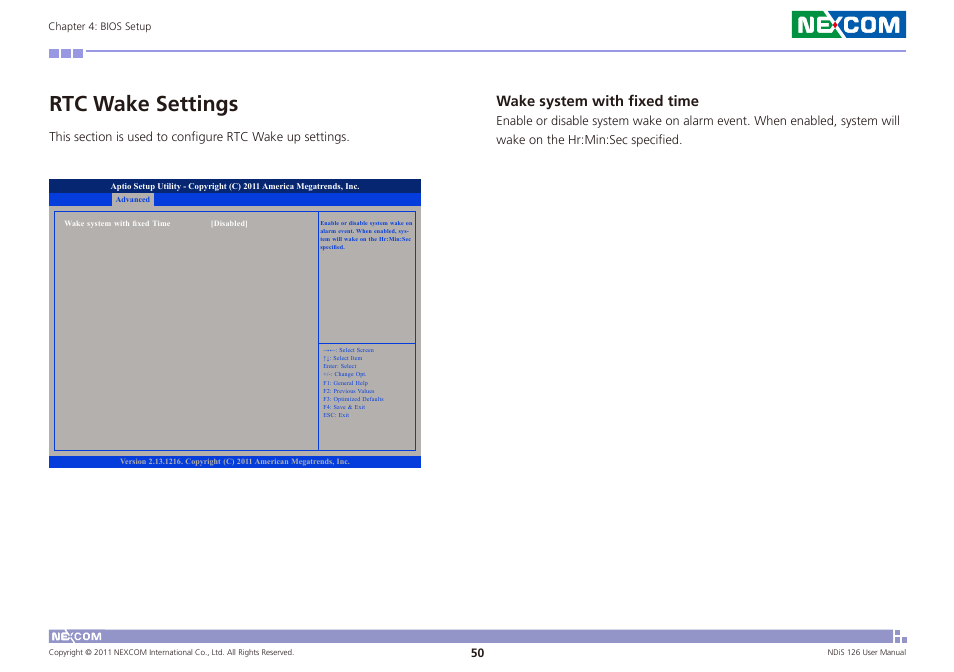 Rtc wake settings, Wake system with fixed time | NEXCOM NDiS 126 User Manual | Page 63 / 77