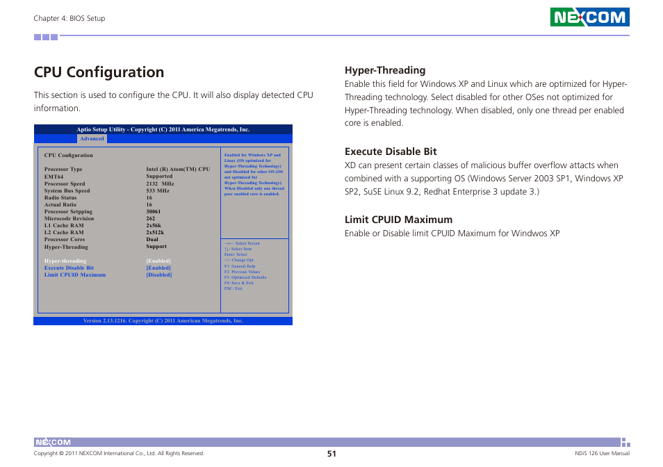 Cpu configuration, Hyper-threading, Execute disable bit | Limit cpuid maximum | NEXCOM NDiS 126 User Manual | Page 64 / 77