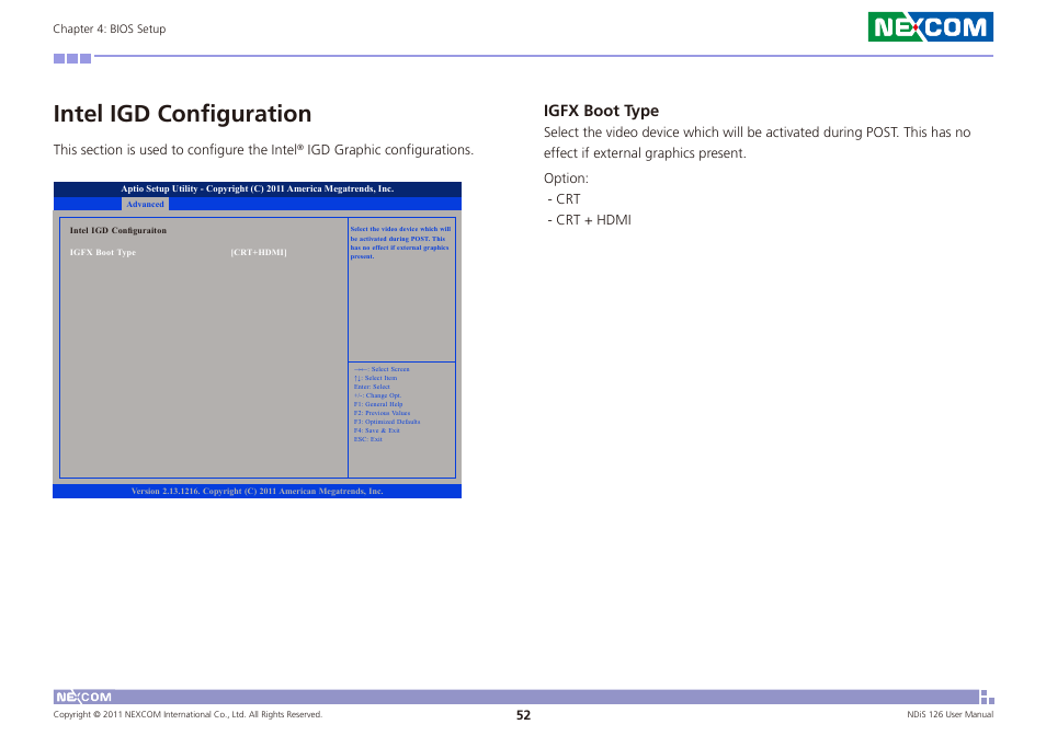 Intel igd configuration, Igfx boot type | NEXCOM NDiS 126 User Manual | Page 65 / 77