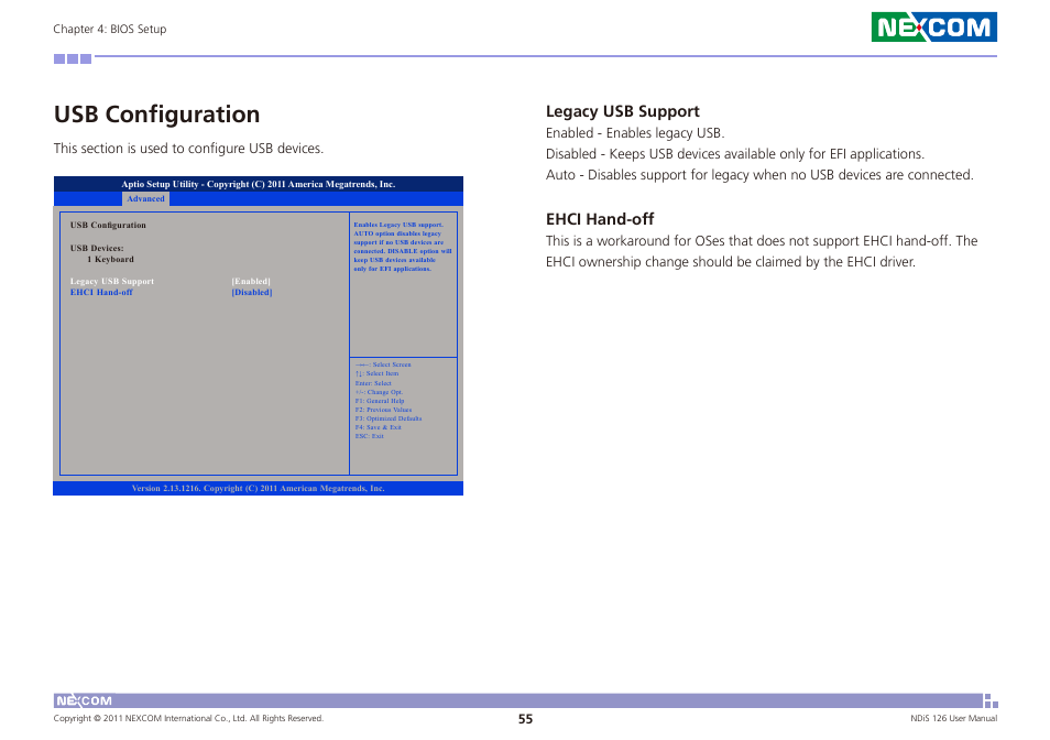 Usb configuration, Legacy usb support, Ehci hand-off | NEXCOM NDiS 126 User Manual | Page 68 / 77