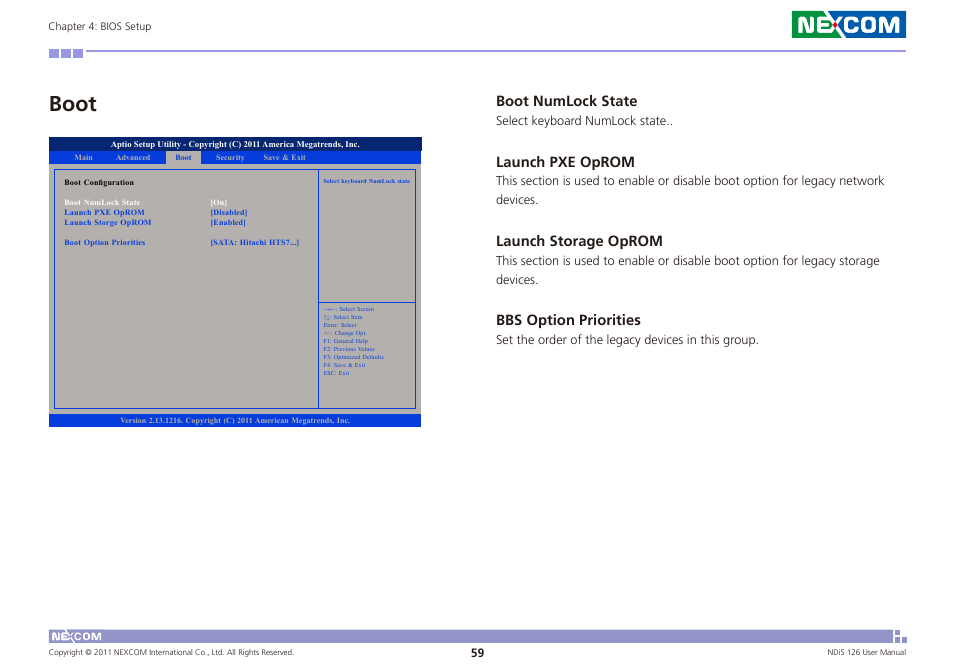 Boot, Boot numlock state, Launch pxe oprom | Launch storage oprom, Bbs option priorities | NEXCOM NDiS 126 User Manual | Page 72 / 77