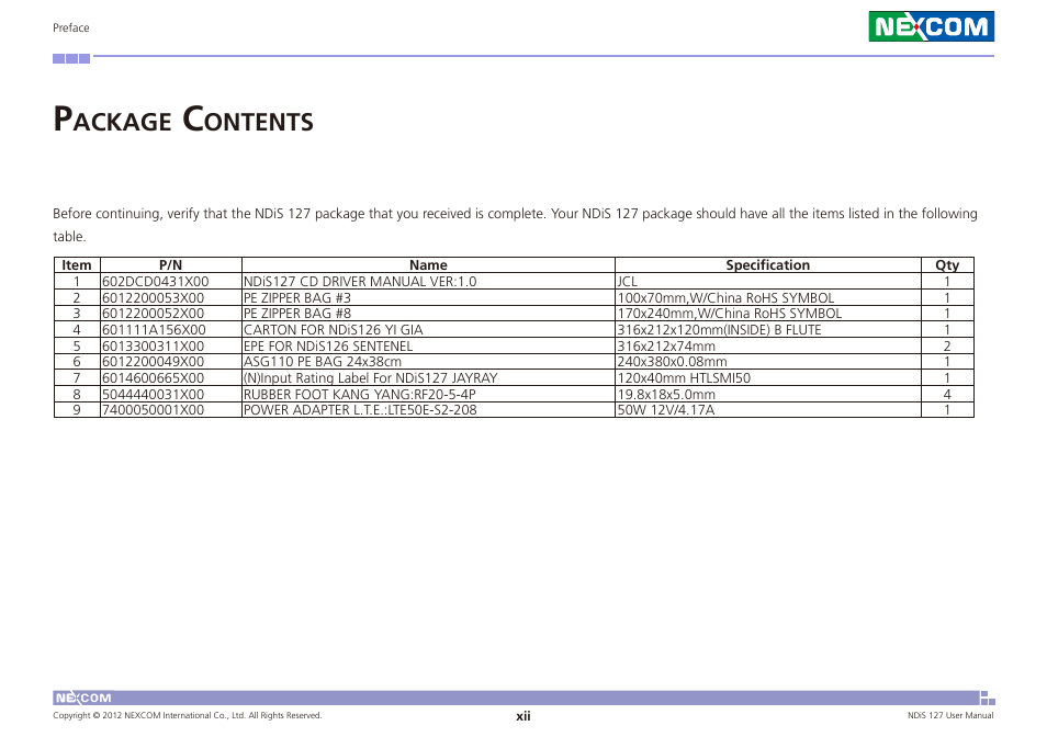 Ackage, Ontents | NEXCOM NDiS 127 User Manual | Page 12 / 66