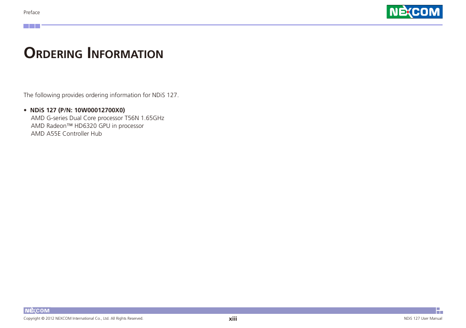 Rdering, Nformation | NEXCOM NDiS 127 User Manual | Page 13 / 66