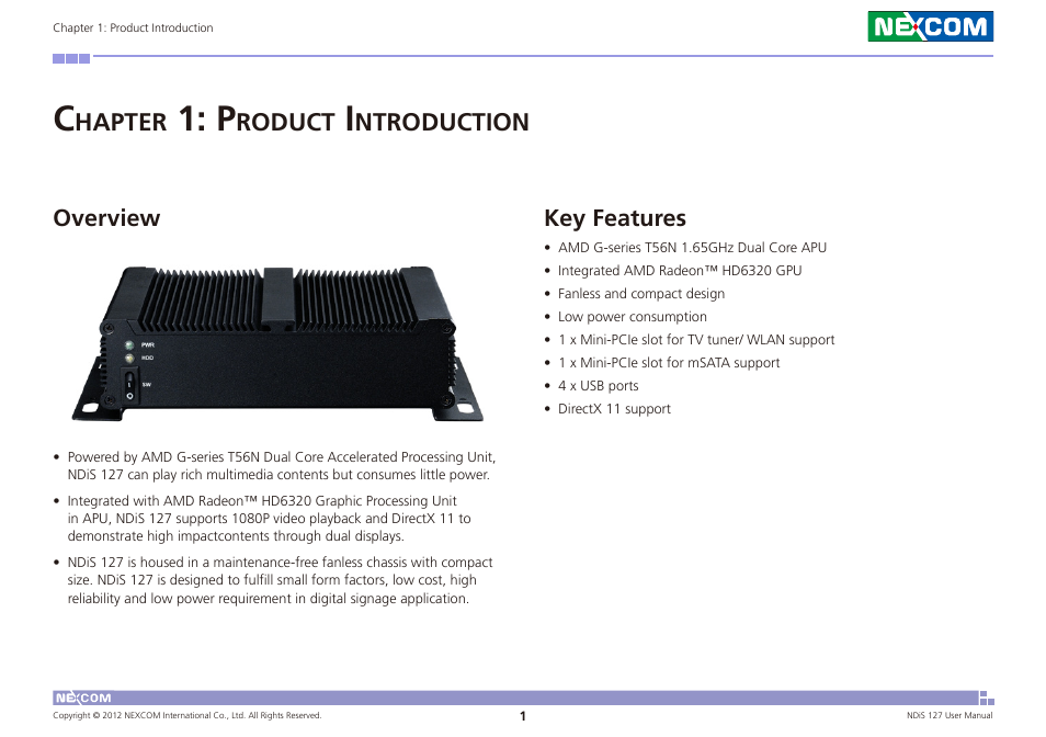 Hapter, Roduct, Ntroduction | Overview, Key features | NEXCOM NDiS 127 User Manual | Page 14 / 66