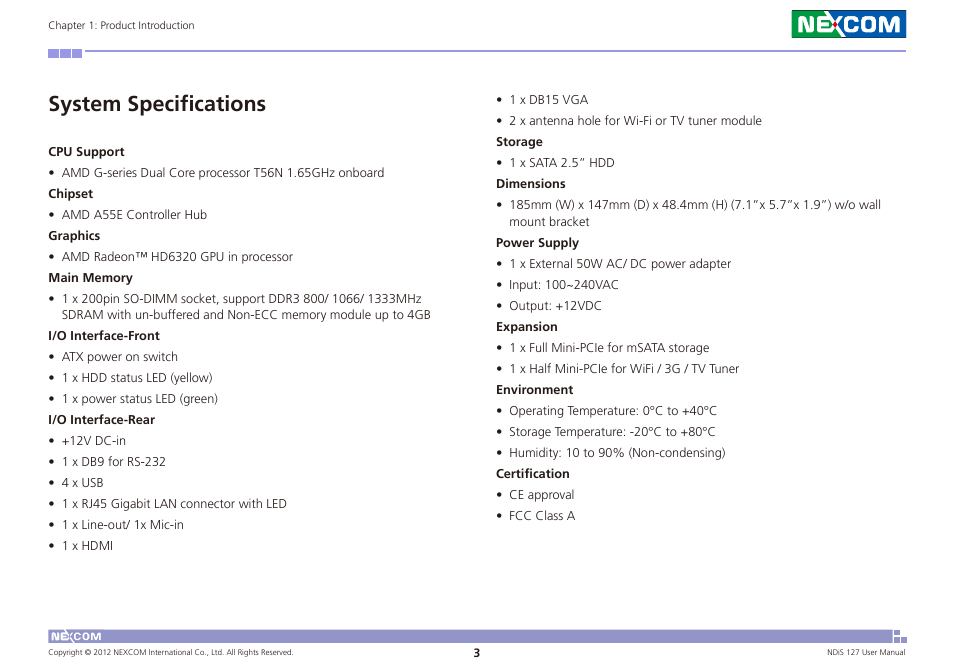 System specifications | NEXCOM NDiS 127 User Manual | Page 16 / 66