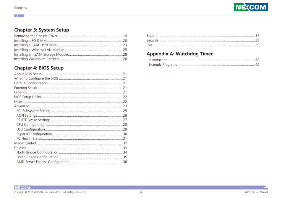 Chapter 3: system setup, Chapter 4: bios setup, Appendix a: watchdog timer | NEXCOM NDiS 127 User Manual | Page 3 / 66