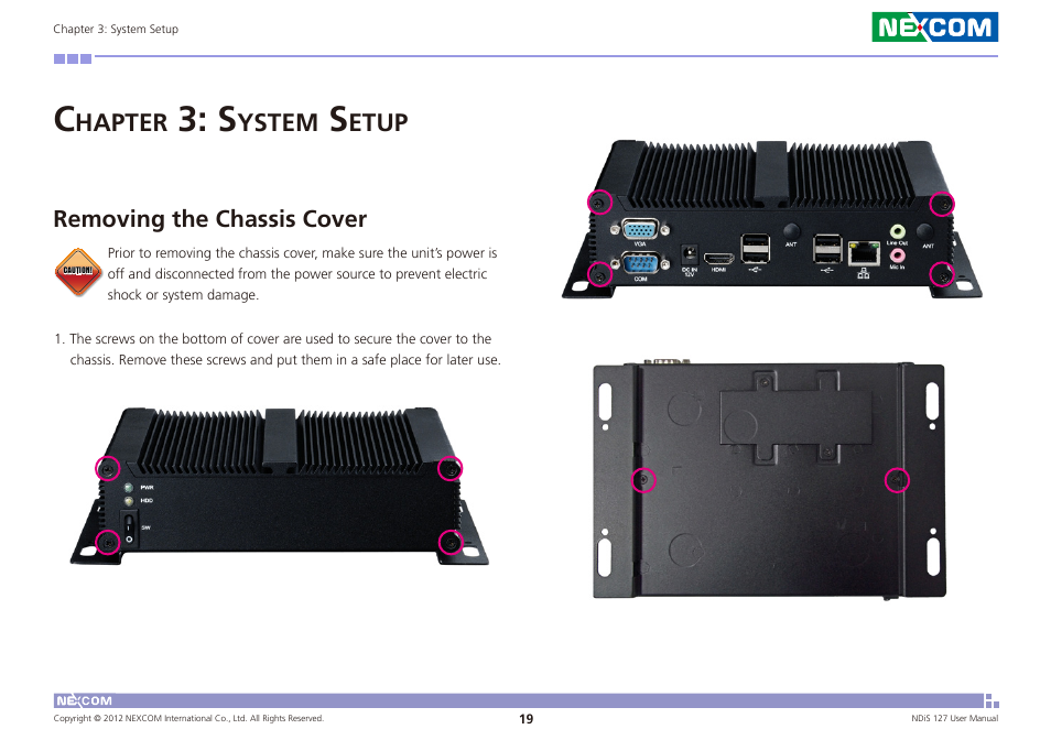 Hapter, Ystem, Etup | Removing the chassis cover | NEXCOM NDiS 127 User Manual | Page 32 / 66