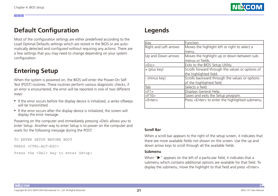 Default configuration, Entering setup, Legends | NEXCOM NDiS 127 User Manual | Page 46 / 66