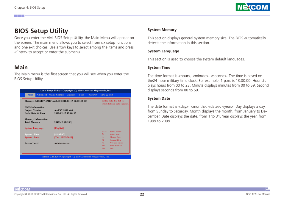 Bios setup utility, Main | NEXCOM NDiS 127 User Manual | Page 47 / 66