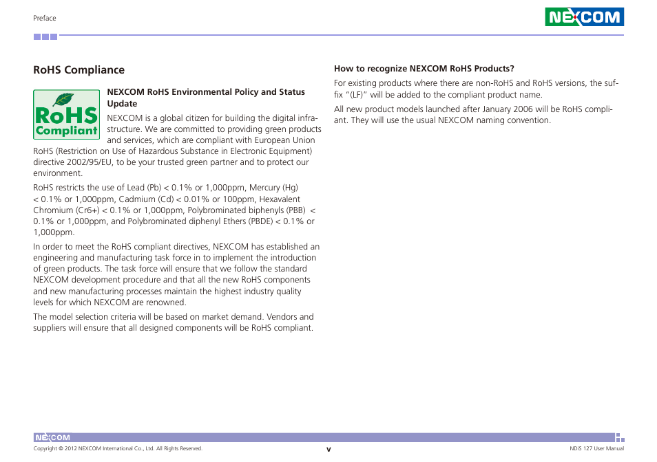 Rohs compliance | NEXCOM NDiS 127 User Manual | Page 5 / 66