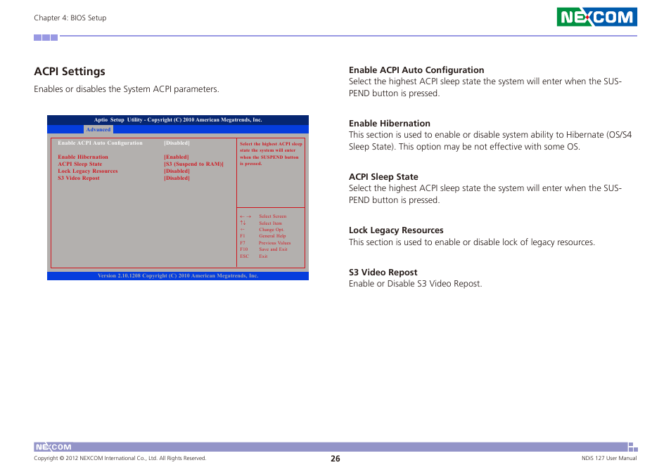 Acpi settings, Enables or disables the system acpi parameters | NEXCOM NDiS 127 User Manual | Page 51 / 66