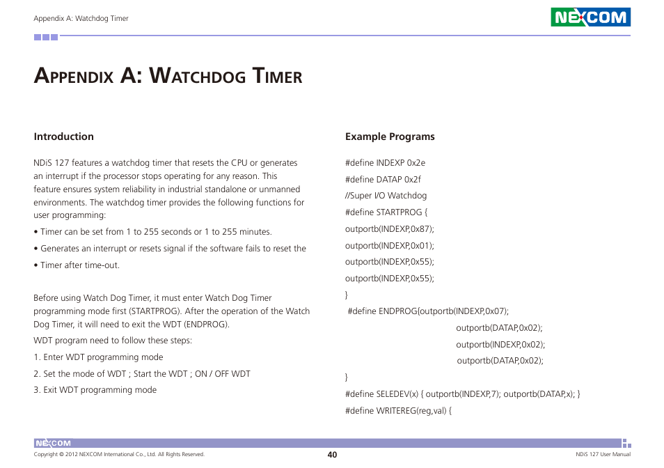 A: w, Ppendix, Atchdog | Imer | NEXCOM NDiS 127 User Manual | Page 65 / 66