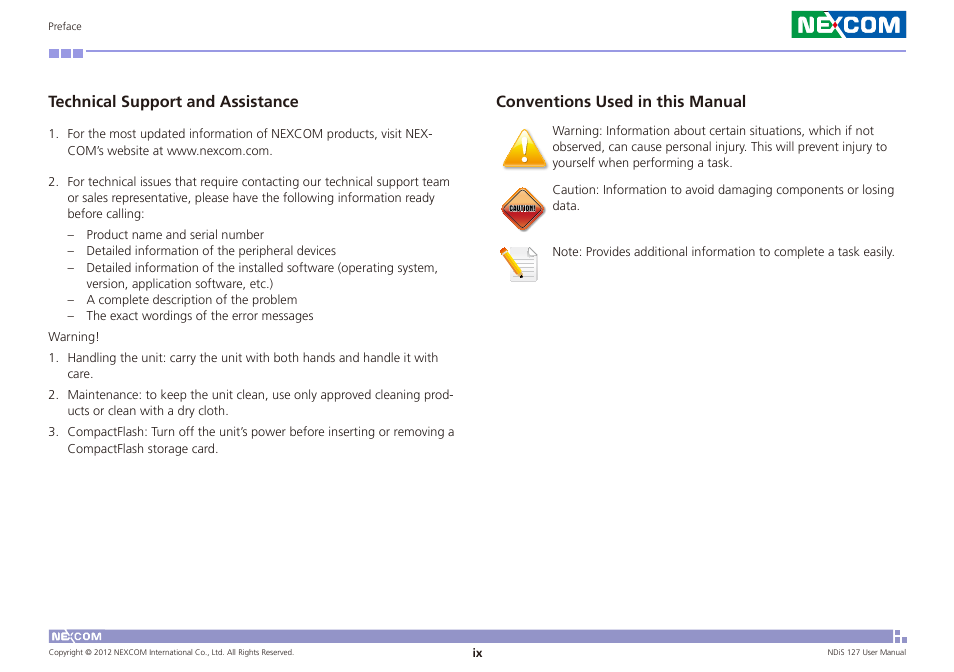 Conventions used in this manual, Technical support and assistance | NEXCOM NDiS 127 User Manual | Page 9 / 66