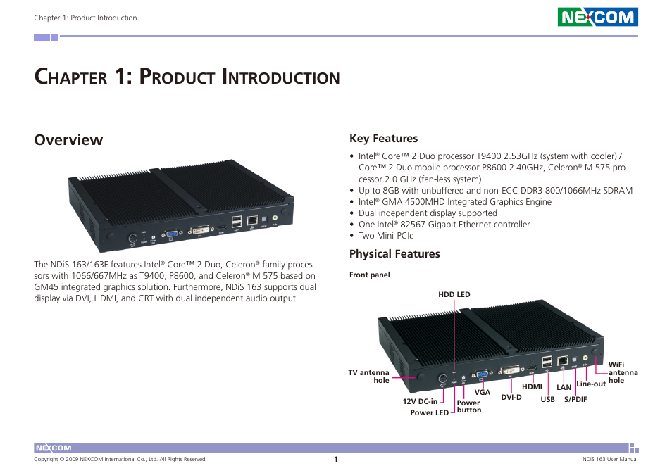 Hapter, Roduct, Ntroduction | Overview, Key features, Physical features | NEXCOM NDiS 163 User Manual | Page 14 / 58