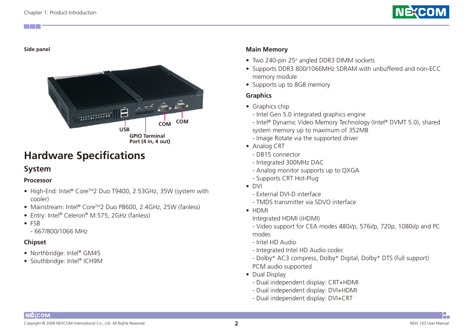 Hardware specifications, System | NEXCOM NDiS 163 User Manual | Page 15 / 58