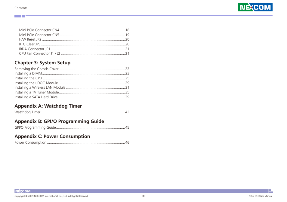 Chapter 3: system setup, Appendix a: watchdog timer, Appendix b: gpi/o programming guide | Appendix c: power consumption | NEXCOM NDiS 163 User Manual | Page 3 / 58