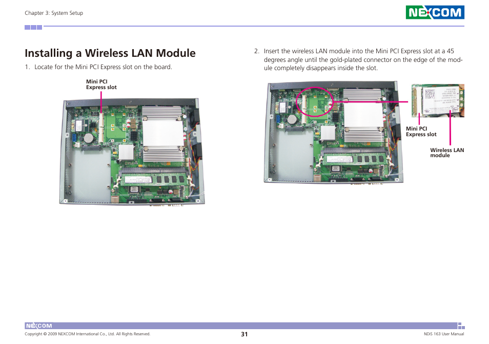 Installing a wireless lan module | NEXCOM NDiS 163 User Manual | Page 44 / 58