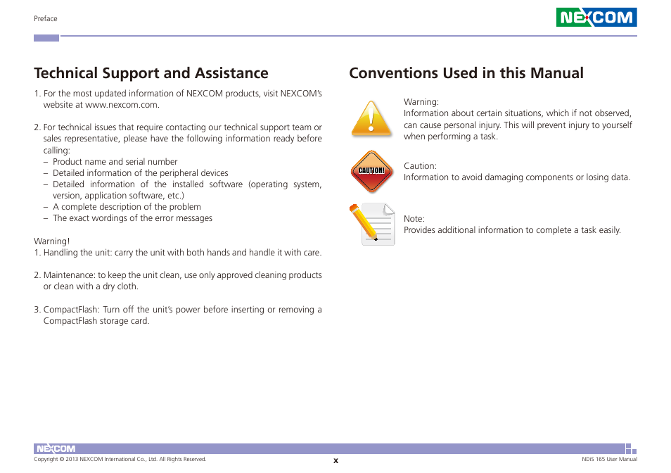 Technical support and assistance, Conventions used in this manual | NEXCOM NDiS 165 User Manual | Page 10 / 76