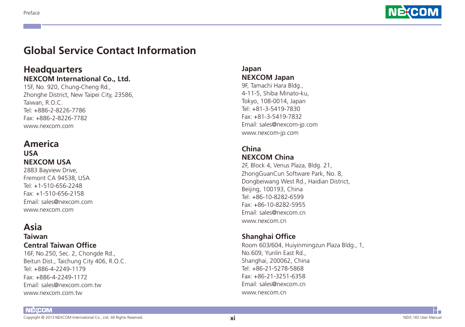 Global service contact information, Headquarters, America | Asia | NEXCOM NDiS 165 User Manual | Page 11 / 76