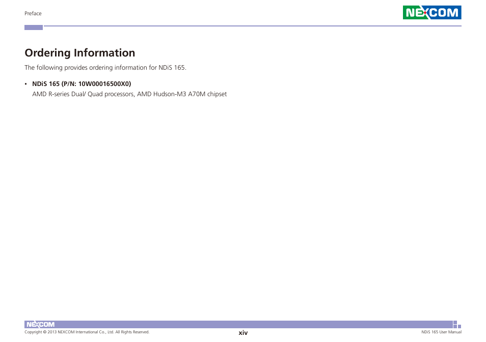 Ordering information | NEXCOM NDiS 165 User Manual | Page 14 / 76