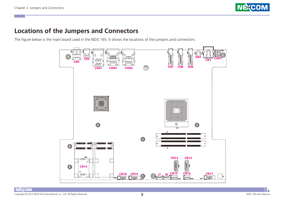 Locations of the jumpers and connectors | NEXCOM NDiS 165 User Manual | Page 19 / 76