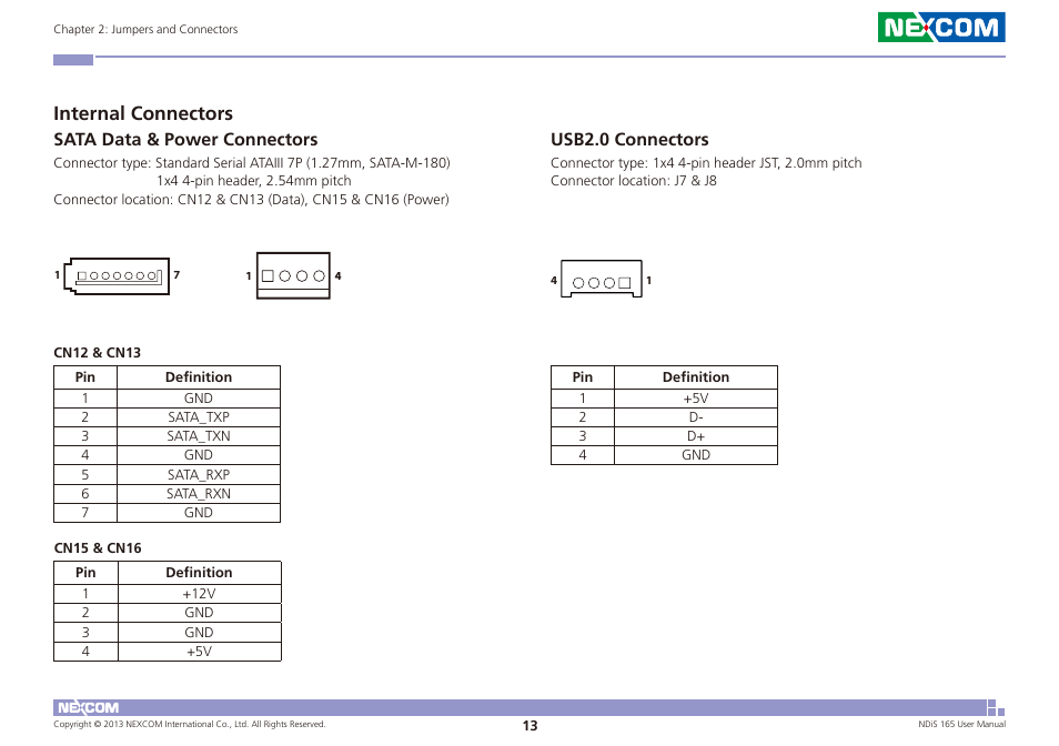 Internal connectors, Sata data & power connectors usb2.0 connectors, Sata data & power connectors | Usb2.0 connectors | NEXCOM NDiS 165 User Manual | Page 27 / 76
