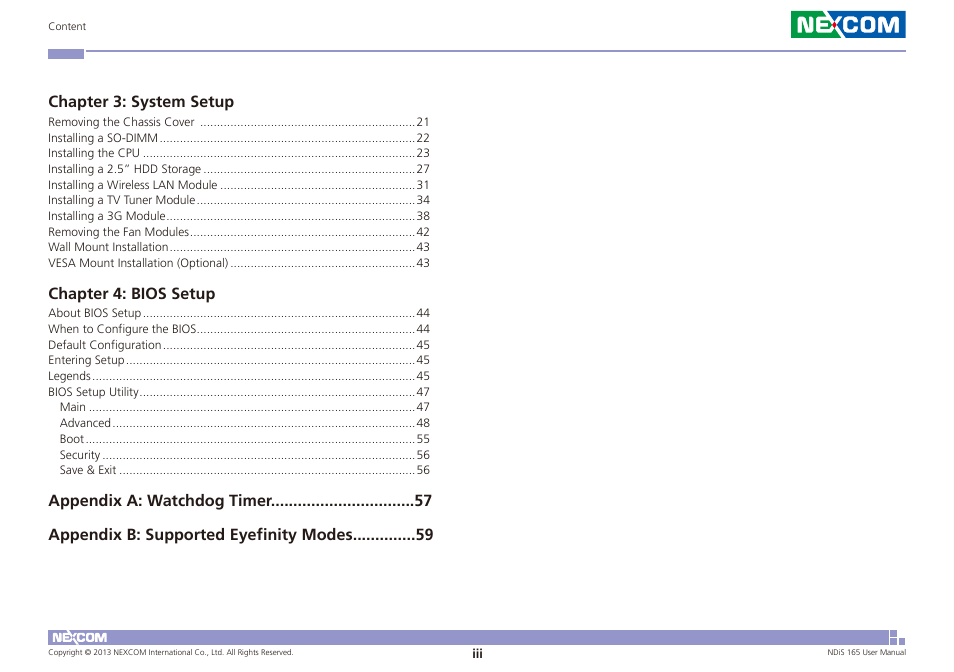 Chapter 3: system setup, Chapter 4: bios setup | NEXCOM NDiS 165 User Manual | Page 3 / 76