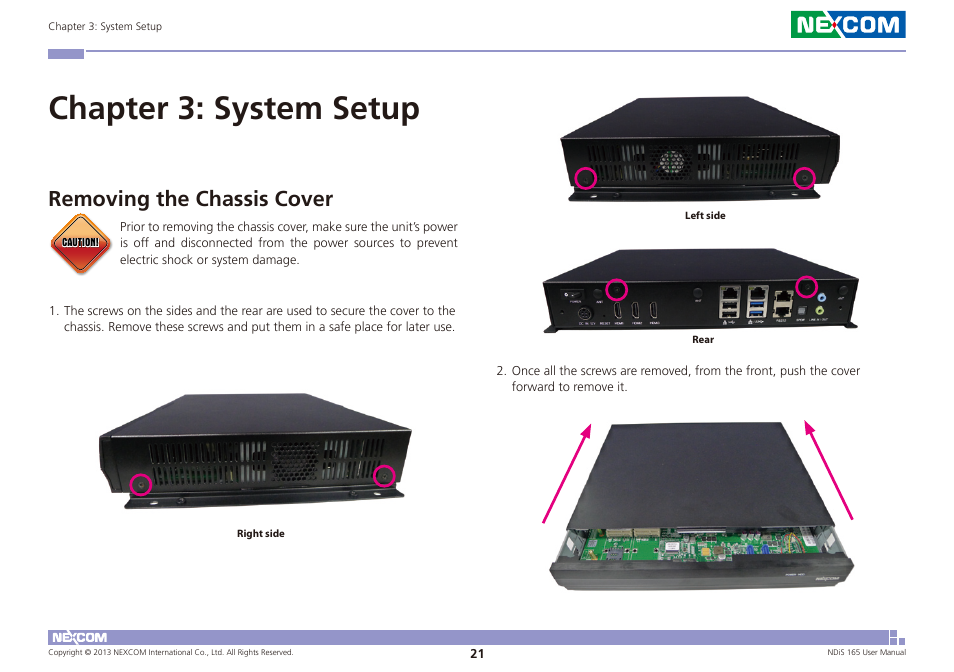 Chapter 3: system setup, Removing the chassis cover | NEXCOM NDiS 165 User Manual | Page 35 / 76