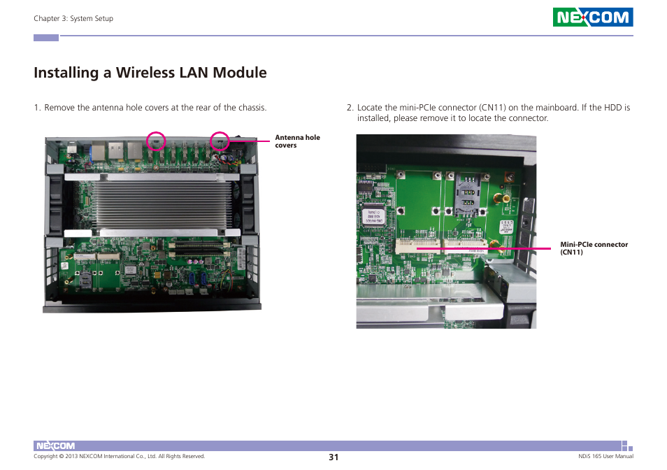 Installing a wireless lan module | NEXCOM NDiS 165 User Manual | Page 45 / 76