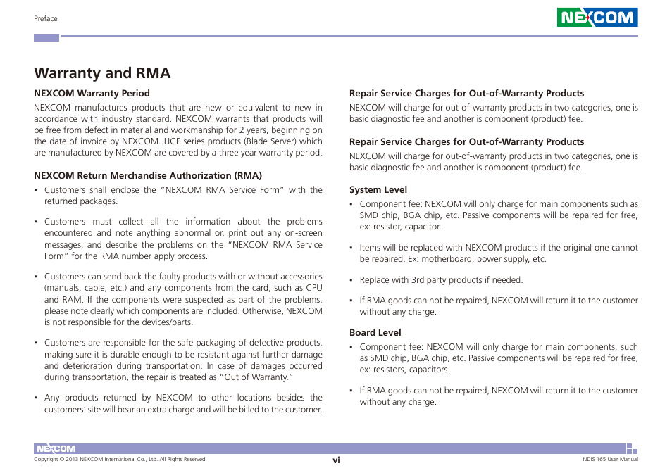Warranty and rma | NEXCOM NDiS 165 User Manual | Page 6 / 76