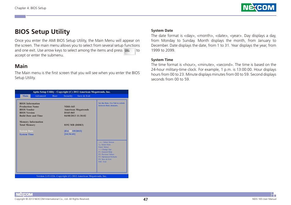 Bios setup utility, Main | NEXCOM NDiS 165 User Manual | Page 61 / 76