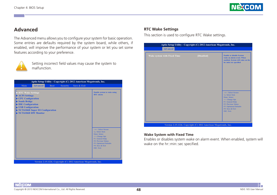 Advanced, Rtc wake settings | NEXCOM NDiS 165 User Manual | Page 62 / 76