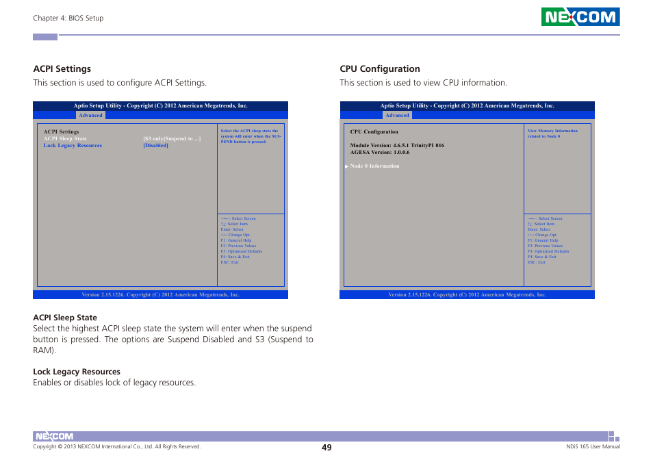 Acpi settings, Cpu configuration | NEXCOM NDiS 165 User Manual | Page 63 / 76
