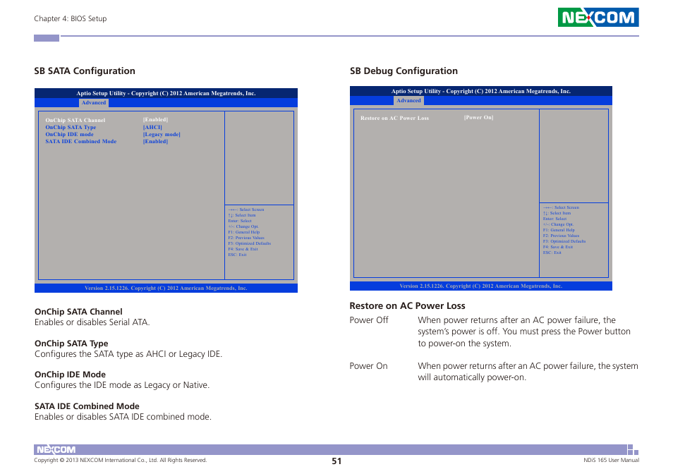 Sb sata configuration, Sb debug configuration restore on ac power loss | NEXCOM NDiS 165 User Manual | Page 65 / 76