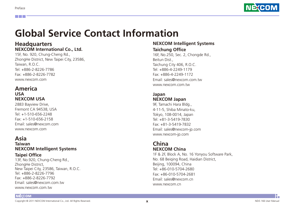 Global service contact information, Headquarters, America | Asia, China | NEXCOM NDiS 166 User Manual | Page 10 / 98