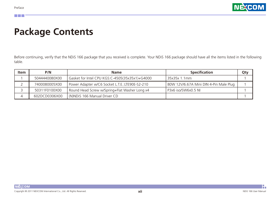 Package contents | NEXCOM NDiS 166 User Manual | Page 12 / 98