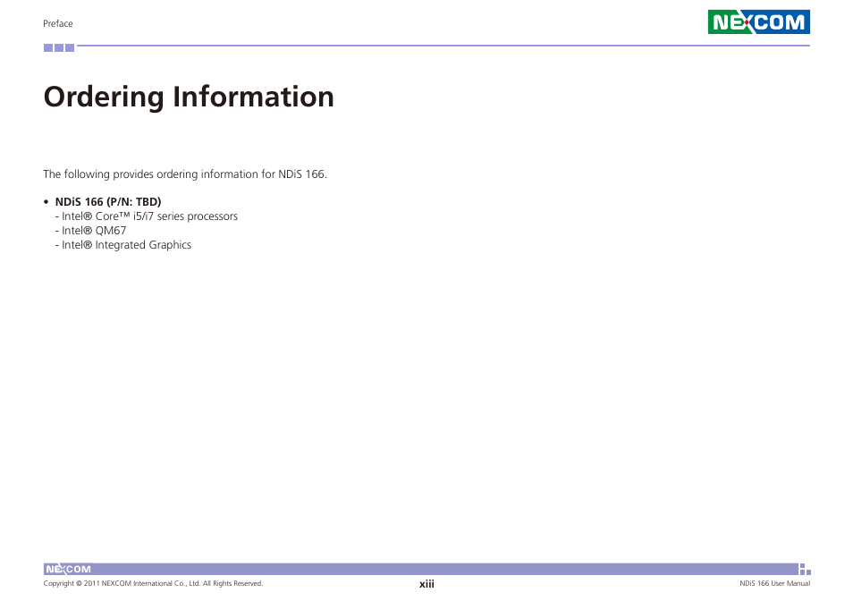 Ordering information | NEXCOM NDiS 166 User Manual | Page 13 / 98