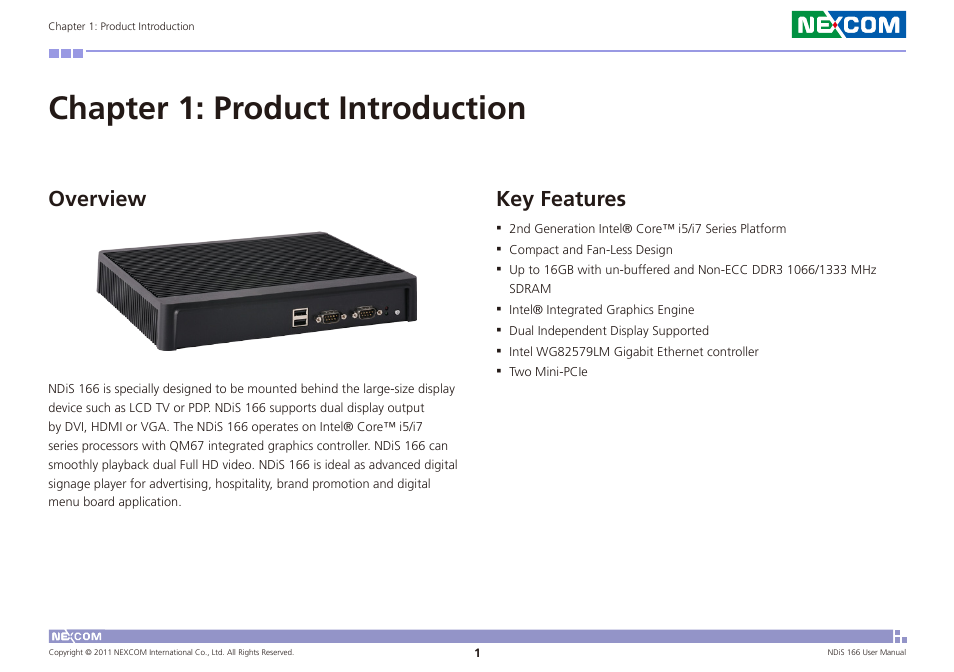 Chapter 1: product introduction, Overview key features, Overview | Key features | NEXCOM NDiS 166 User Manual | Page 14 / 98