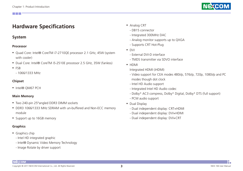 Hardware specifications system, Hardware specifications | NEXCOM NDiS 166 User Manual | Page 16 / 98