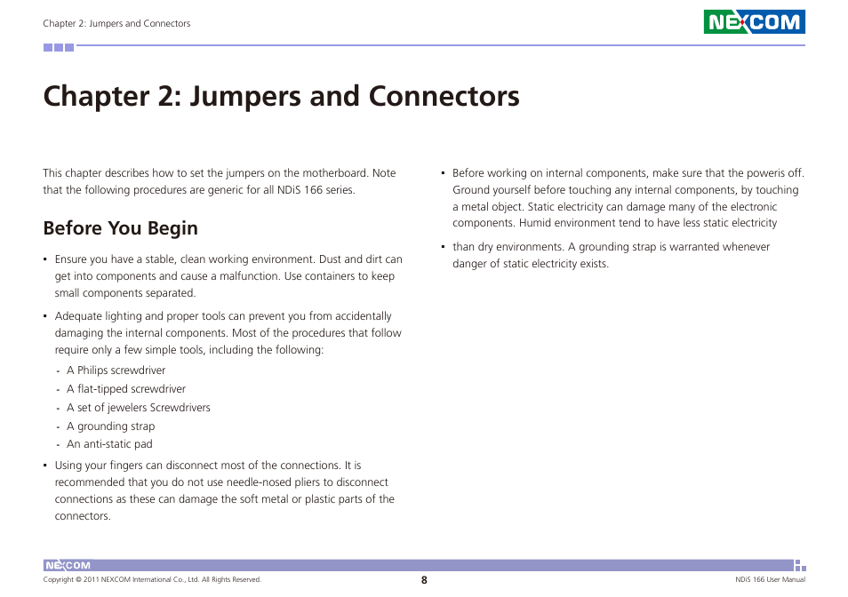 Chapter 2: jumpers and connectors, Before you begin | NEXCOM NDiS 166 User Manual | Page 21 / 98